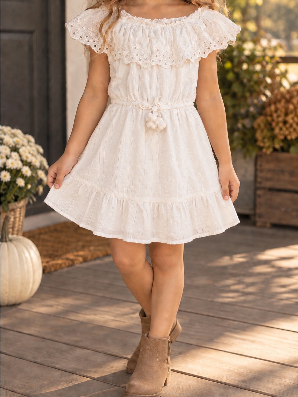 art class White Eyelet Off-Shoulder Tassel Tie Dress